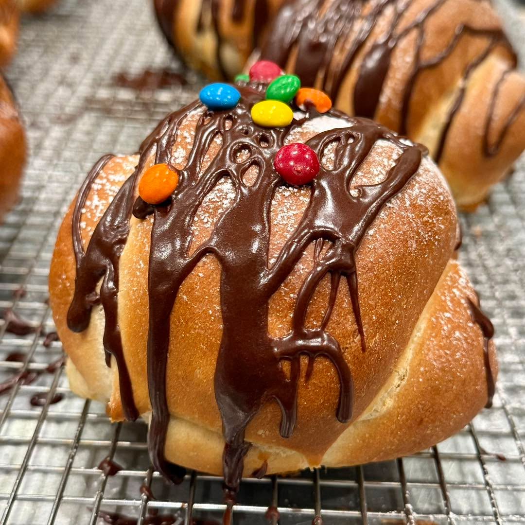 Glazed & Stuffed Caramel M&M Challah Pocket