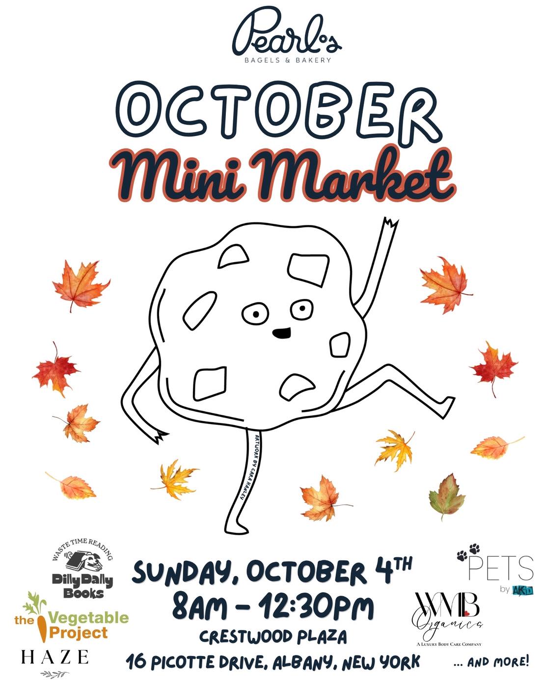 We're so excited for our October Mini Market! 🍂 Join us for our outdoor event on Sunday, October 4th from 8am-12:30pm. Stop by for bagels and shop a mix of local vendors in the far side of our parking lot. This event is weather-dependent, so please send vibes for sunshine! ☀️📍Pearl's Bagels & Bakery, 16 Picotte Drive, Albany, New York