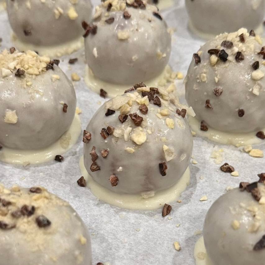 White Chocolate Dipped Banana Coconut Cake Balls