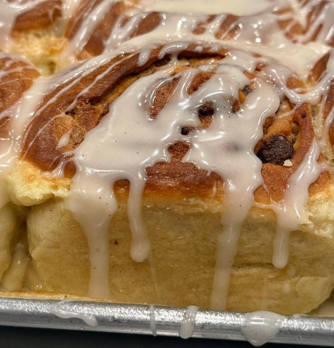 Frosted Cinnamon Chocolate Chip Cookie Roll